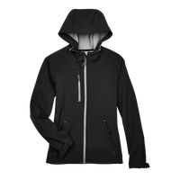 North End Women's Prospect Two-Layer Fleece Bonded Soft Shell Hooded Jacket, Black, Front view
