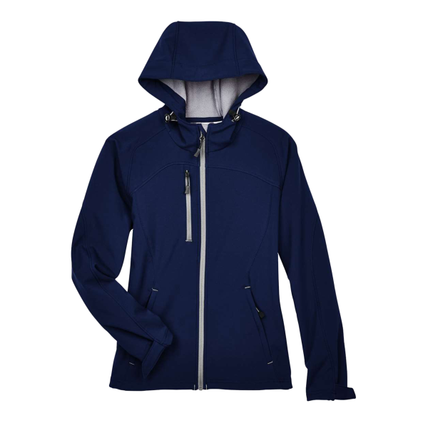 North End Women's Prospect Two-Layer Fleece Bonded Soft Shell Hooded Jacket, Classic Navy, Front view