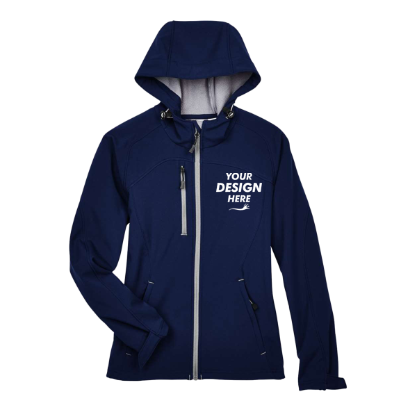 North End Women's Prospect Two-Layer Fleece Bonded Soft Shell Hooded Jacket, Classic Navy, Front view, Mockup