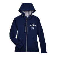 North End Women's Prospect Two-Layer Fleece Bonded Soft Shell Hooded Jacket, Classic Navy, Front view, Mockup