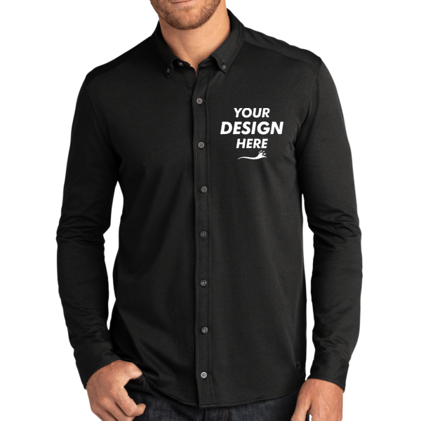 OGIO Code Stretch Long Sleeve Button Up, Blacktop, Front view, Mockup