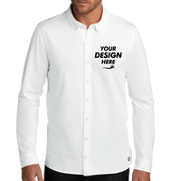OGIO Code Stretch Long Sleeve Button Up, Bright White, Front view, Mockup
