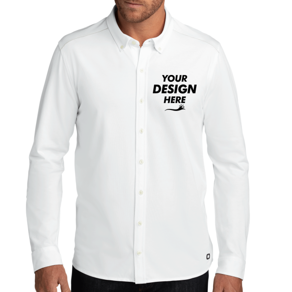 OGIO Code Stretch Long Sleeve Button Up, Bright White, Front view, Mockup