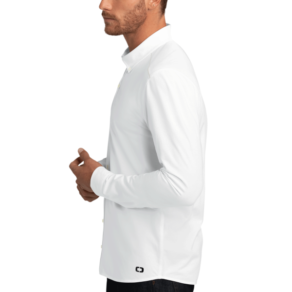 OGIO Code Stretch Long Sleeve Button Up, Bright White, Left Sleeve view