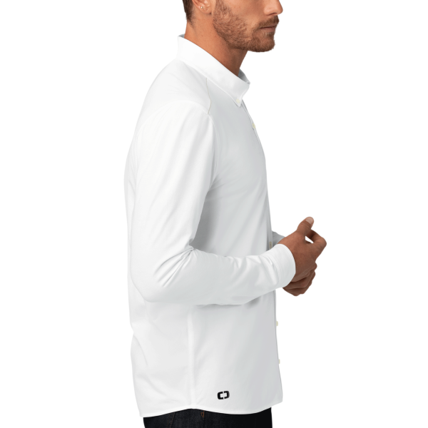 OGIO Code Stretch Long Sleeve Button Up, Bright White, Right Sleeve view
