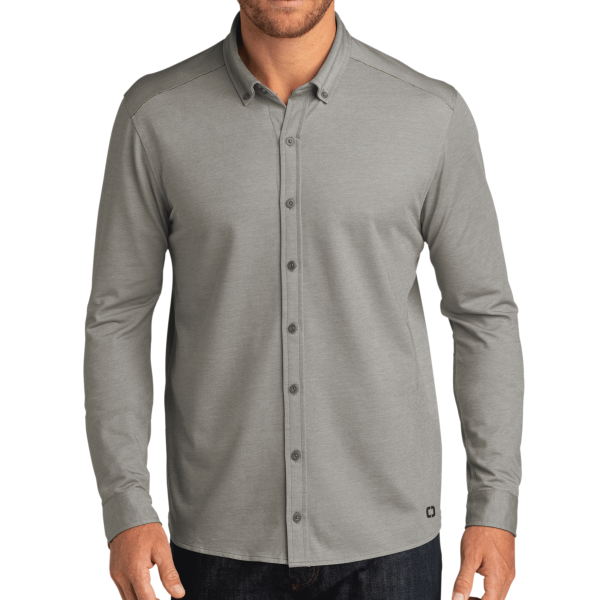 OGIO Code Stretch Long Sleeve Button Up, Tarmac Grey Heather, Front view