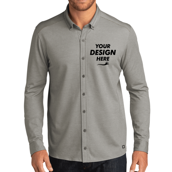 OGIO Code Stretch Long Sleeve Button Up, Tarmac Grey Heather, Front view, Mockup