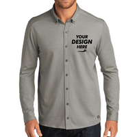 OGIO Code Stretch Long Sleeve Button Up, Tarmac Grey Heather, Front view, Mockup