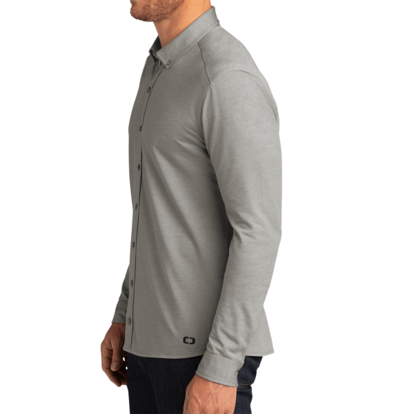 OGIO Code Stretch Long Sleeve Button Up, Tarmac Grey Heather, Left Sleeve view