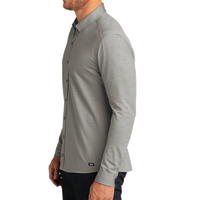 OGIO Code Stretch Long Sleeve Button Up, Tarmac Grey Heather, Left Sleeve view