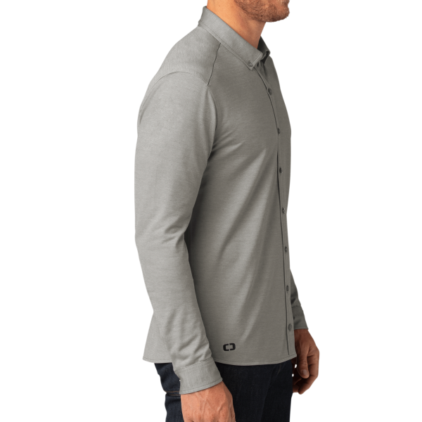 OGIO Code Stretch Long Sleeve Button Up, Tarmac Grey Heather, Right Sleeve view