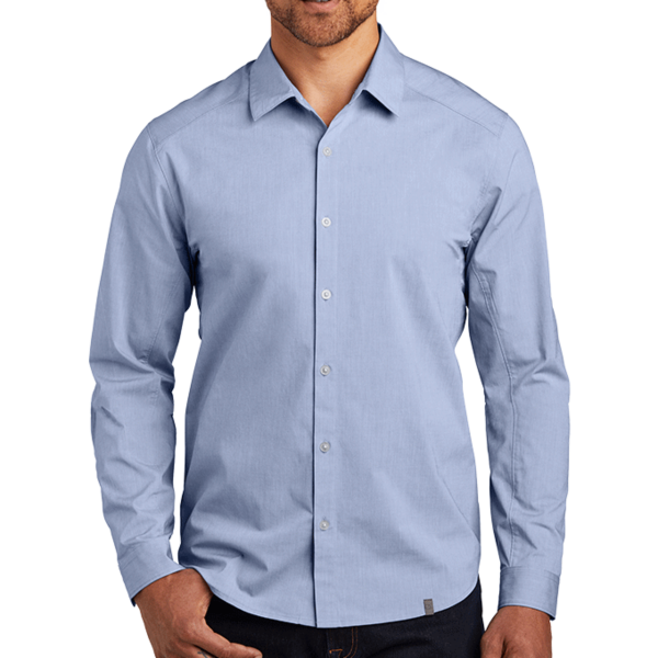 OGIO Commuter Woven Shirt, Metal Blue Heather, Front view
