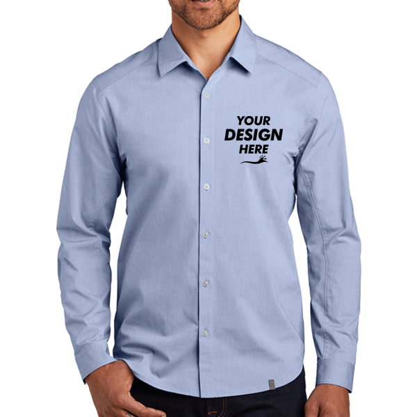 OGIO Commuter Woven Shirt, Metal Blue Heather, Front view, Mockup