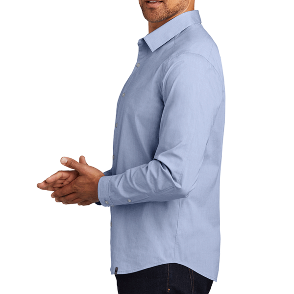 OGIO Commuter Woven Shirt, Metal Blue Heather, Left Sleeve view