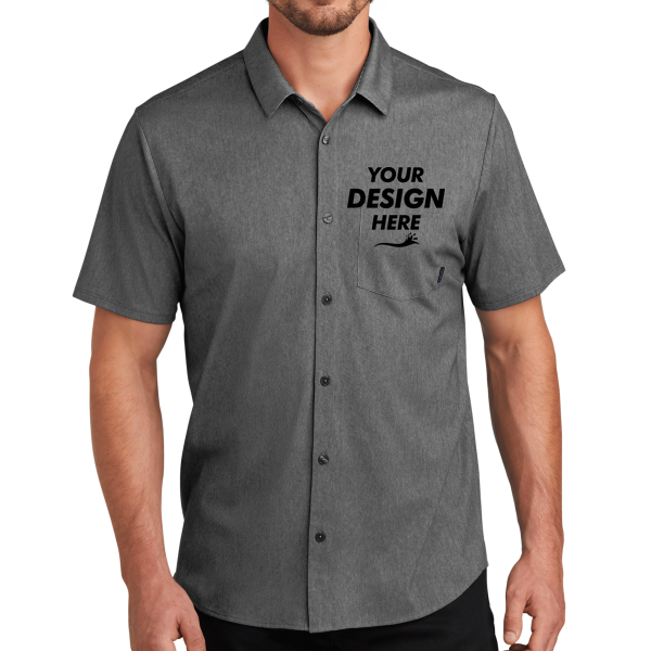 OGIO Extend Short Sleeve Button Up, Blacktop Heather, Front view, Mockup