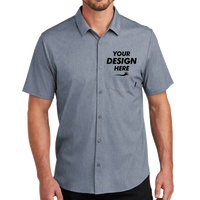 OGIO Extend Short Sleeve Button Up, Deep Blue Heather, Front view, Mockup
