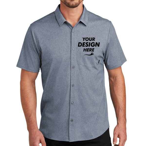 OGIO Extend Short Sleeve Button Up, Deep Blue Heather, Front view, Mockup