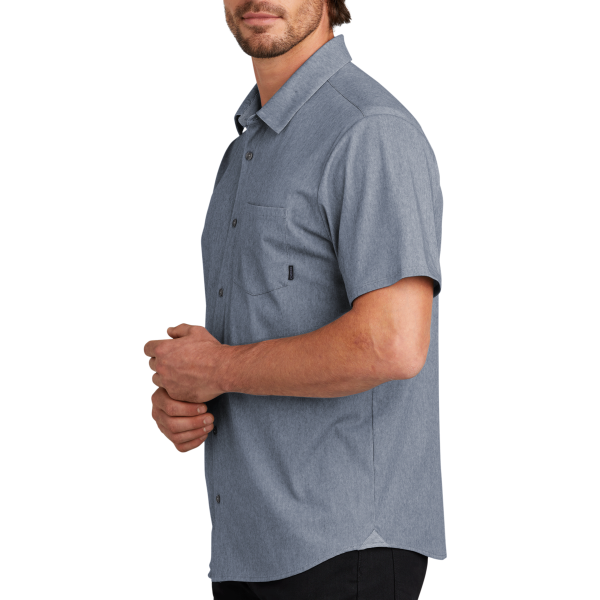 OGIO Extend Short Sleeve Button Up, Deep Blue Heather, Left Sleeve view