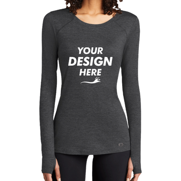 OGIO Women's Force Long Sleeve Tee, Blacktop Heather, Front view, Mockup