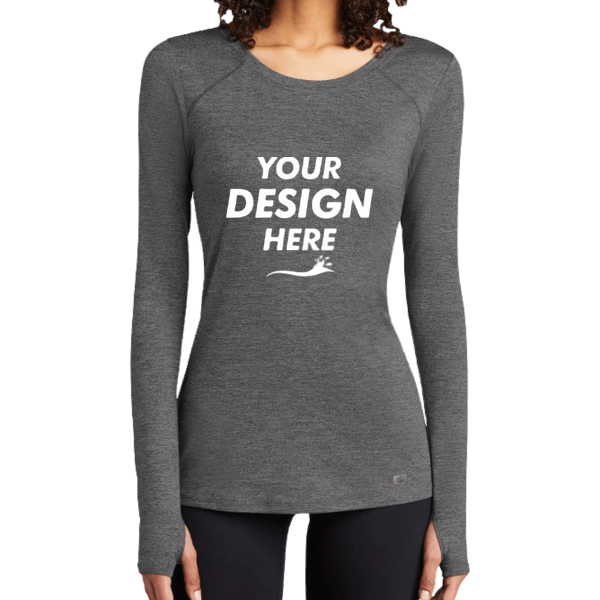 OGIO Women's Force Long Sleeve Tee, Gear Grey Heather, Front view, Mockup