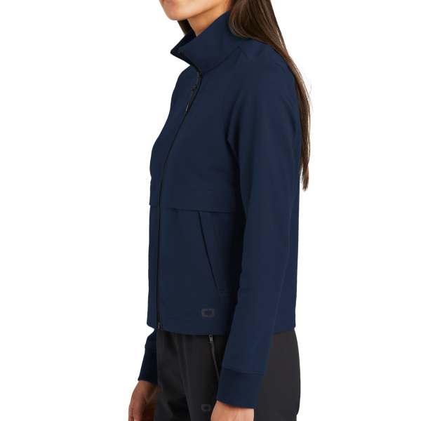 OGIO Women's Outstretch Full Zip, River Blue Navy, Left Sleeve view
