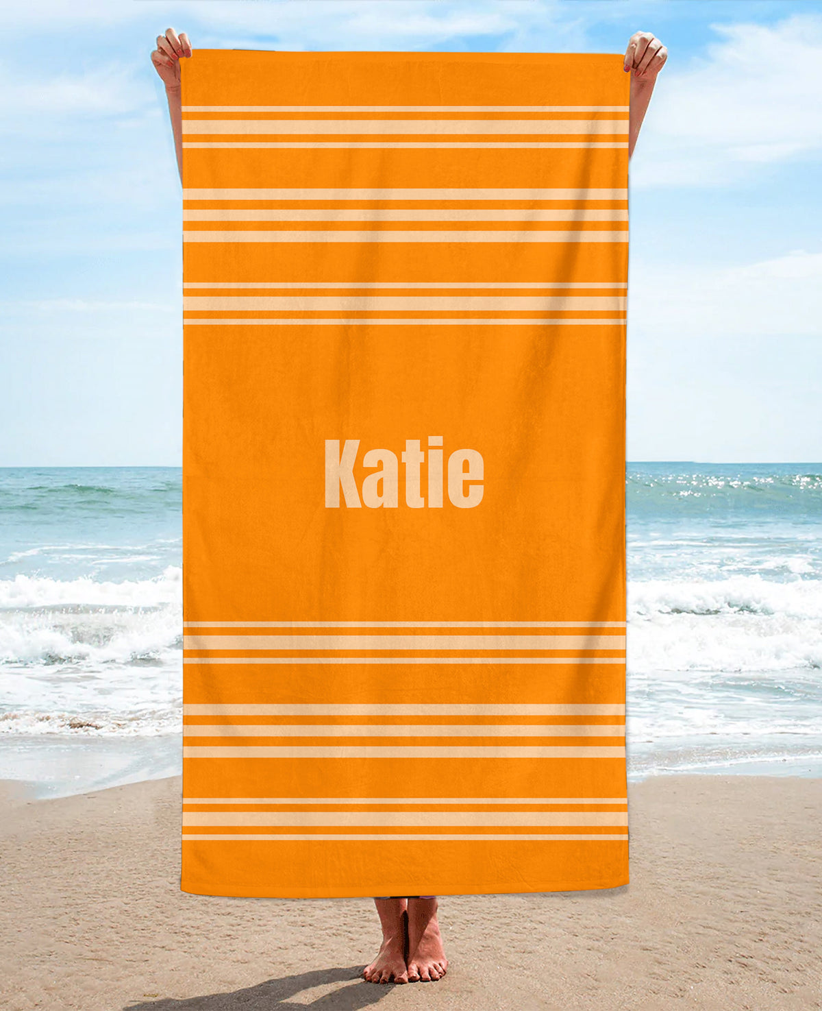Personalized Horizontally Striped Beach Towel, Orange Standart Beach Towel, Orange Premium Beach Towel