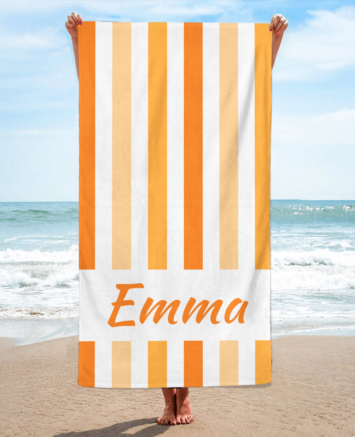Personalized Vertically Striped Beach Towel, Orange Standart Beach Towel, Orange Premium Beach Towel