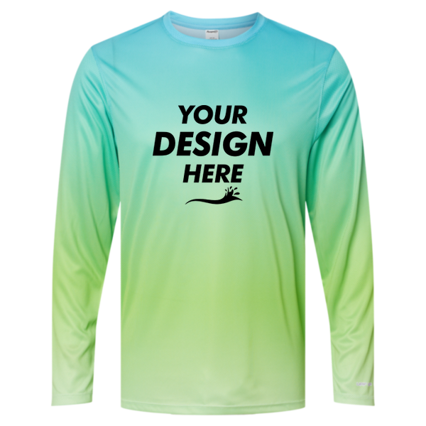 Paragon Unisex Barbados Performance Pin Dot Long Sleeve T-Shirt, Aqua Blue / Light Lime, Front view, Mockup
