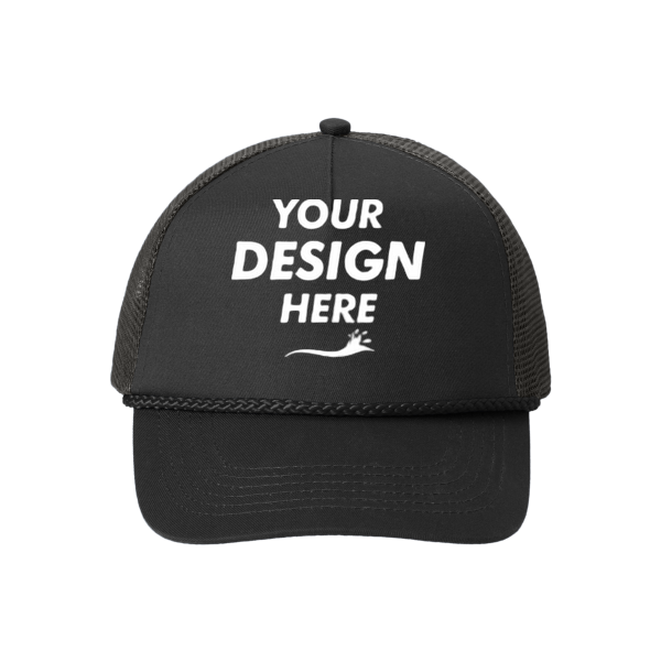 Port Authority 5 Panel Snapback Cap, Black, Front view, Mockup
