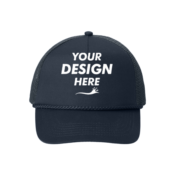 Port Authority 5 Panel Snapback Cap, Navy, Front view, Mockup