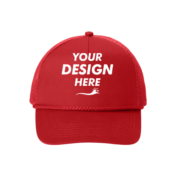 Port Authority 5 Panel Snapback Cap, Red, Front view, Mockup