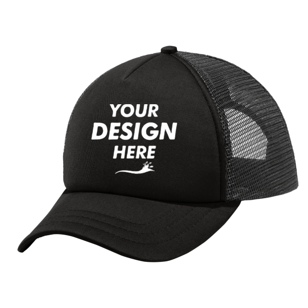 Port Authority 5 Panel Twill Foam Trucker Cap, Black / Black, Front view, Mockup