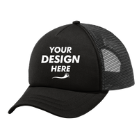 Port Authority 5 Panel Twill Foam Trucker Cap, Black / Black, Front view, Mockup