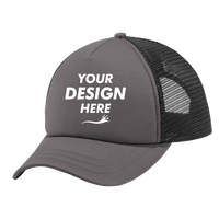 Port Authority 5 Panel Twill Foam Trucker Cap, Charcoal / Black, Front view, Mockup