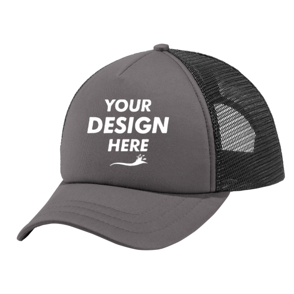 Port Authority 5 Panel Twill Foam Trucker Cap, Charcoal / Black, Front view, Mockup