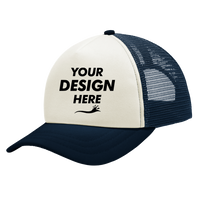 Port Authority 5 Panel Twill Foam Trucker Cap, Ivory / Navy, Front view, Mockup
