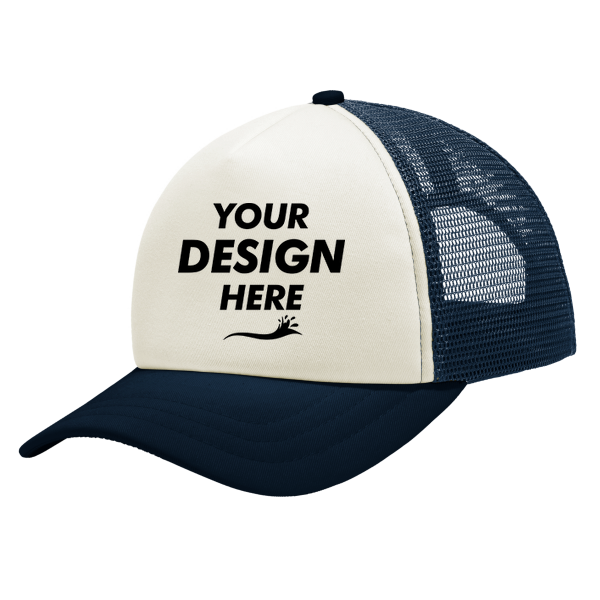 Port Authority 5 Panel Twill Foam Trucker Cap, Ivory / Navy, Front view, Mockup