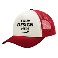Port Authority 5 Panel Twill Foam Trucker Cap, Ivory / Red, Front view, Mockup