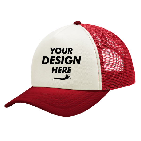 Port Authority 5 Panel Twill Foam Trucker Cap, Ivory / Red, Front view, Mockup