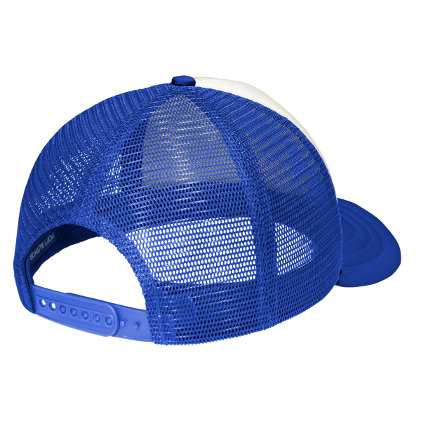 Port Authority 5 Panel Twill Foam Trucker Cap, Ivory / Royal, Back view