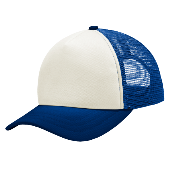 Port Authority 5 Panel Twill Foam Trucker Cap, Ivory / Royal, Front view