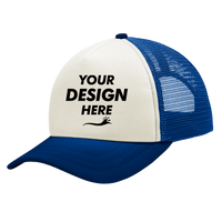 Port Authority 5 Panel Twill Foam Trucker Cap, Ivory / Royal, Front view, Mockup