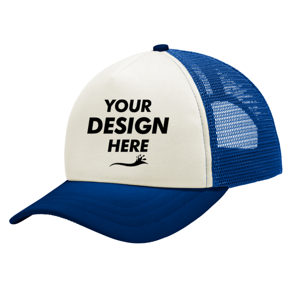 Port Authority 5 Panel Twill Foam Trucker Cap, Ivory / Royal, Front view, Mockup