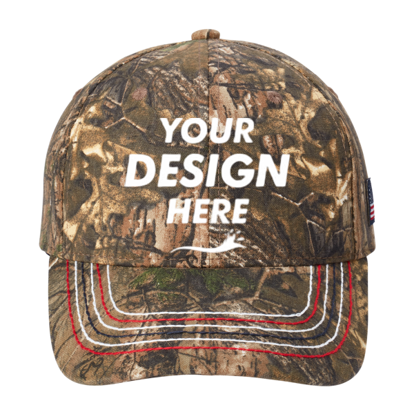 Port Authority Americana Contrast Stitch Camouflage Cap, Realtree Xtra, Front view, Mockup