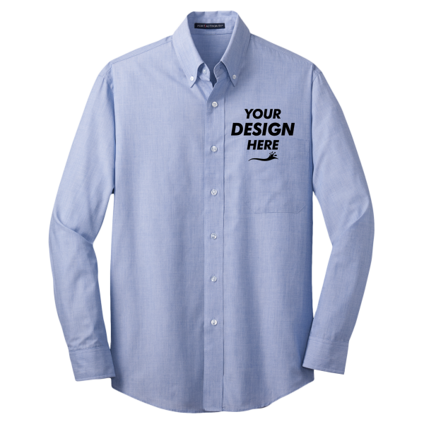 Port Authority Crosshatch Easy Care Shirt, Chambray Blue, Front view, Mockup