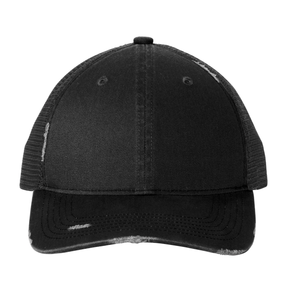 Port Authority Distressed Mesh Back Cap, Black / Black, Front view