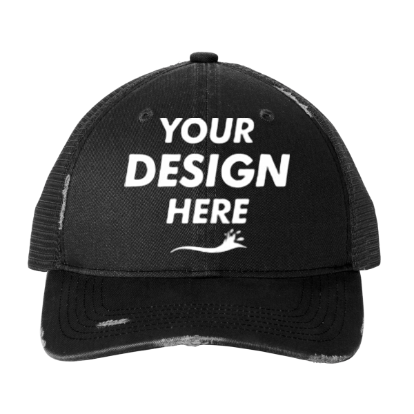 Port Authority Distressed Mesh Back Cap, Black / Black, Front view, Mockup