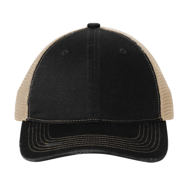 Port Authority Distressed Mesh Back Cap, Black / Khaki, Front view