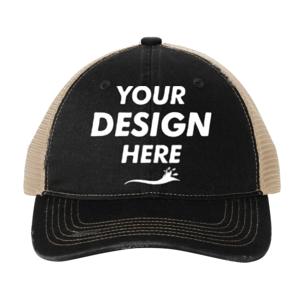 Port Authority Distressed Mesh Back Cap, Black / Khaki, Front view, Mockup