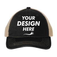 Port Authority Distressed Mesh Back Cap, Black / Khaki, Front view, Mockup